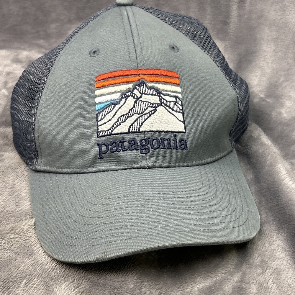 Patagonia Hat Cap Adjustable Brown Blue Embroidered Mesh Mens Mountains Work
